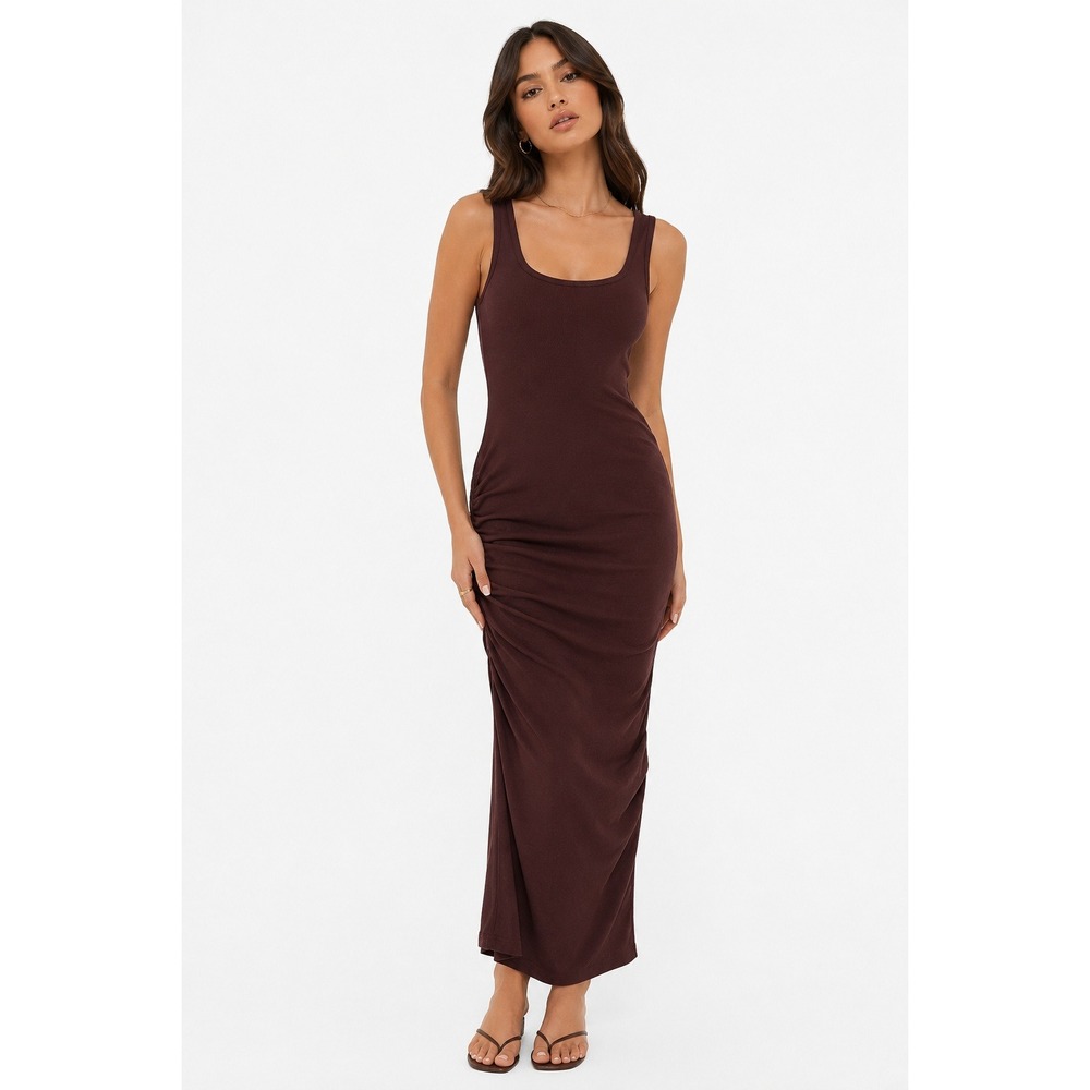 Michael Stars Serena Dress Espresso Brown Ultra Rib Ruched Midi Bodycon Size L